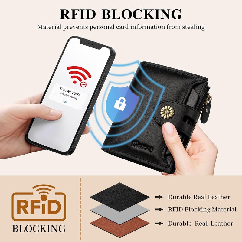 Blucoay Wallet Women,RFID Blocking Leather Womens Wallet Bifold Compact Card Holder Small Wallet for Women with Removable ID Window Black - Image 5